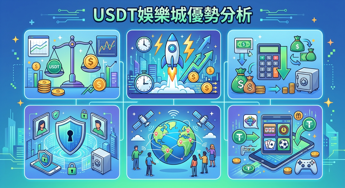 這是一張「USDT娛樂城優勢分析」的資訊圖表，視覺化地展示了USDT在交易穩定性、極速轉帳與低手續費方面的顯著優勢。 同時，圖中也強調了其強大的安全隱私保護、全球無國界連線，以及與多樣化娛樂城遊戲的完美結合。