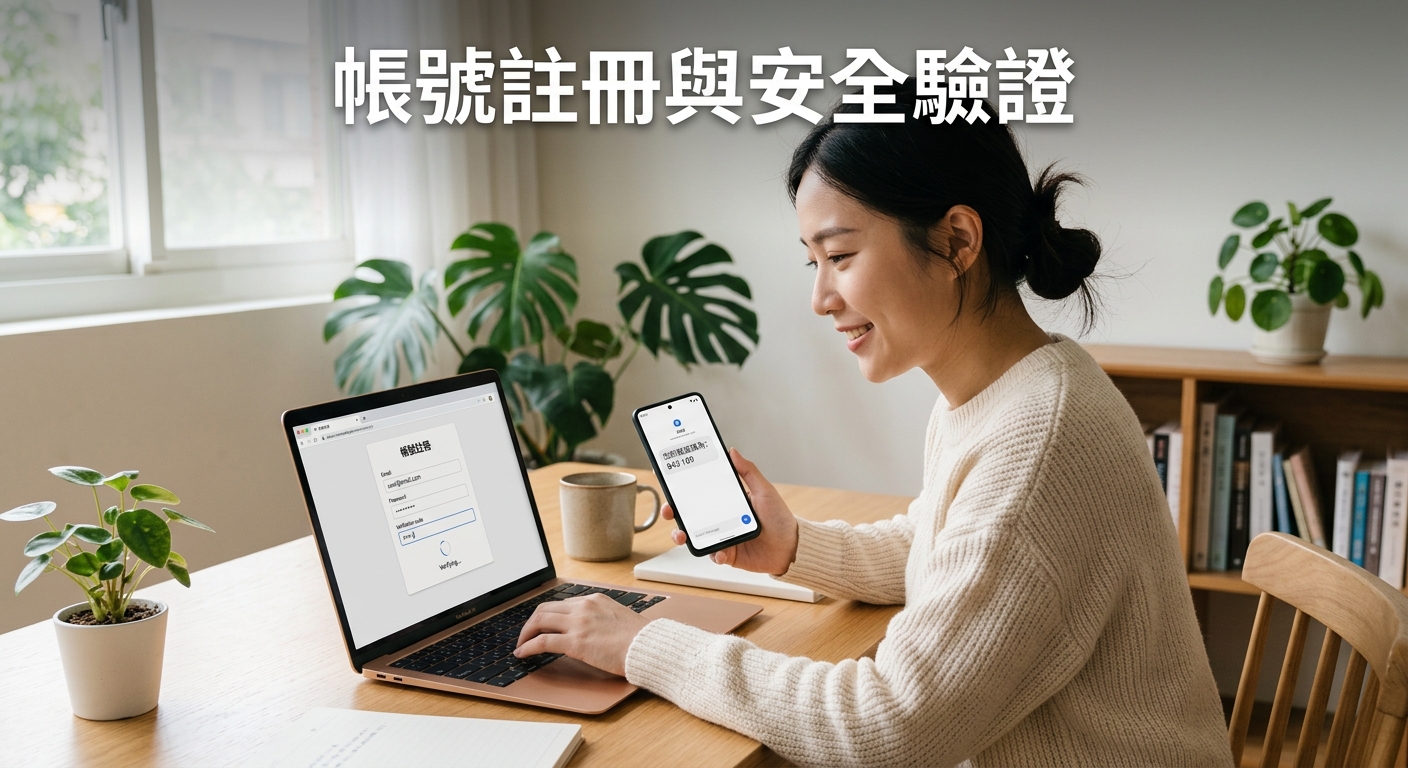 一名女子坐在書桌前，正微笑著使用筆記型電腦進行帳號註冊。 她看著手機上的安全驗證碼，圖片上方寫著「帳號註冊與安全驗證」的標題。